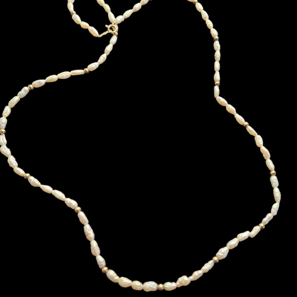 14k Yellow Gold Bead Freshwater Rice Crispy Krispie Pearl Strand Necklace 24" - Picture 9 of 11